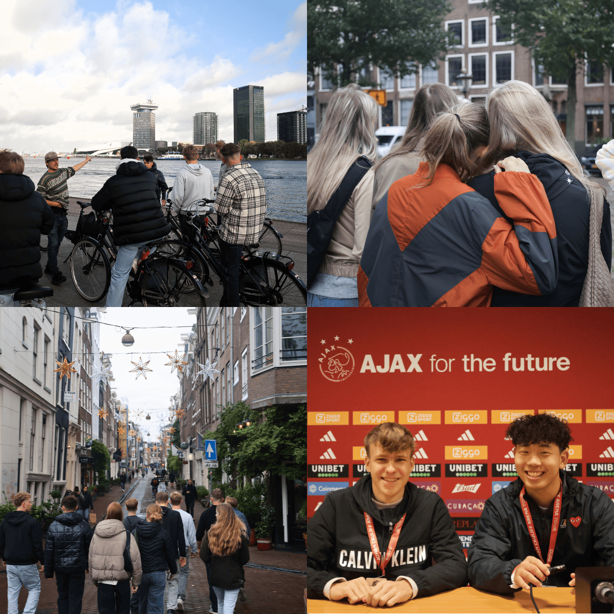Stemningsbilleder fra elevernes tur til Amsterdam. Gruppebilleder ved havnefronten, kanalerne, på byvandring og på stadion.
