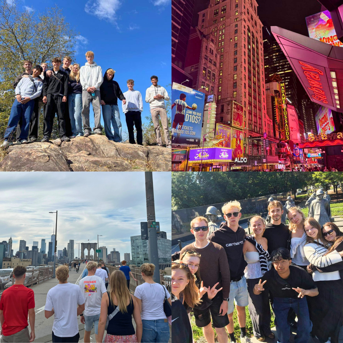 Stemningsbilleder fra elevernes tur til USA. Gruppebilleder ved National Historical Park, Kennesaw Mountain National Battlefield Park og byvandring i New York